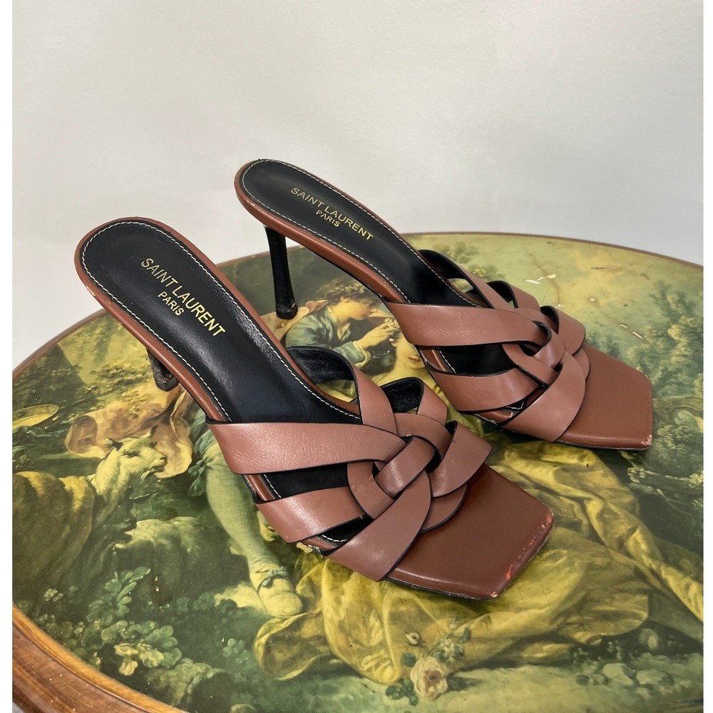 Saint Laurent Tribute Cognac Brown Woven Leather Heeled Mules Size 40